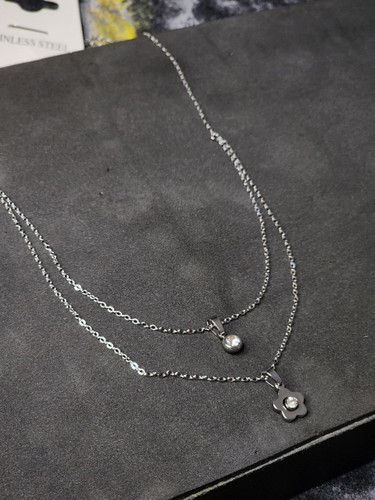 گردنبند استیل دو لاین نقره ای تک نگین گل