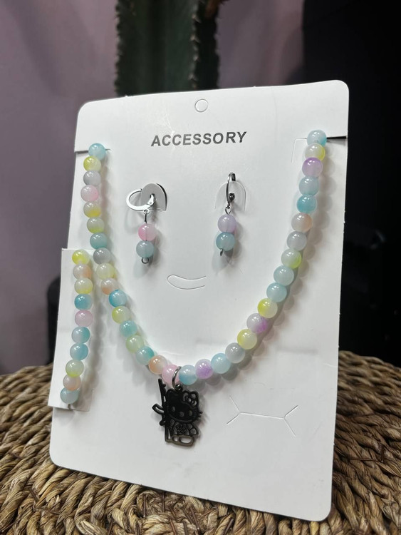 ست دخترانه گردنبند و گوشواره و دستبند مهره آبرنگ اویز کیتی