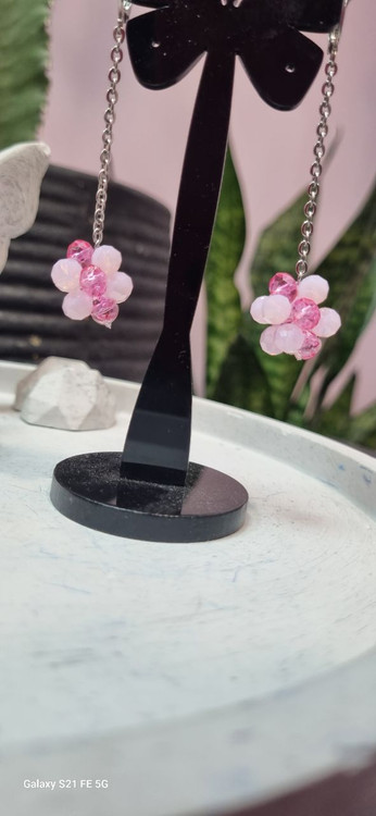 گوشواره استیل طلایی آویز گوی سنگ کریستال صورتی دو رنگ