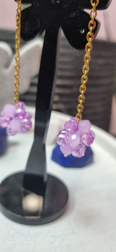 گوشواره استیل طلایی آویز گوی سنگ کریستال بنفش دو رنگ