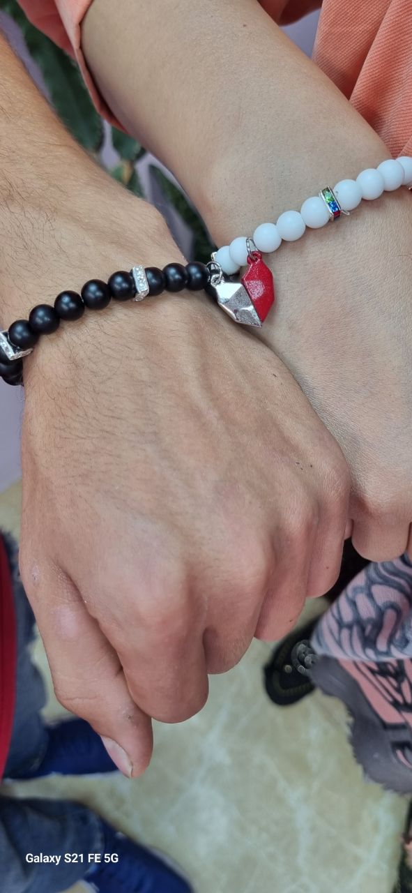 دستبند ست کاپلی سنگ انیکس سیاه و سفید قلب مگنتی