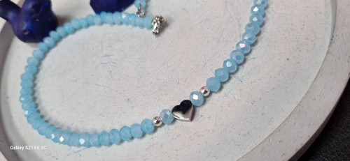 گردنبند کریستال ابی و قلب سه بعدی استیل نقره ای