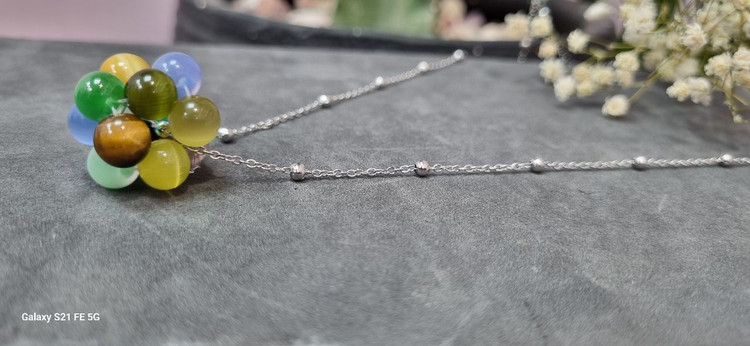 گردنبند استیل نقره ای رو مانتویی سنگ طبیعی چشم گربه