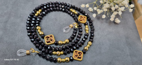 بند عینک کریستال مشکی و حدید طلایی