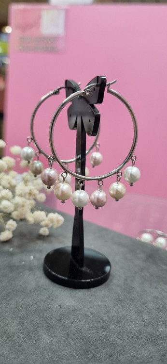 گوشواره استیل حلقه ای آویز مروارید شل