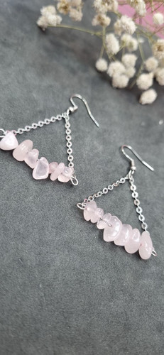 گوشواره استیل آویز سنگ طبیعی رز کوارتز