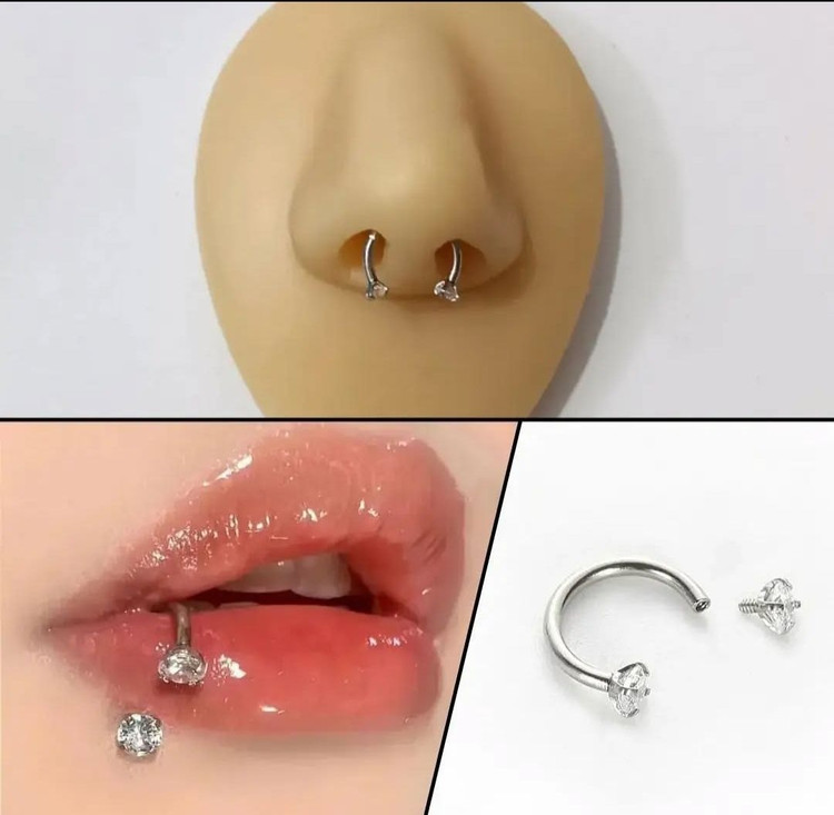 پرسینگ گوش و لب و سپتام و بینی دو طرف نگین نقره ای